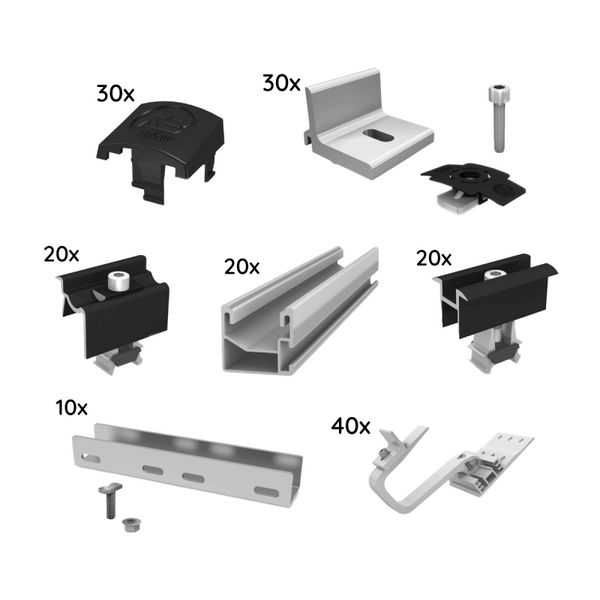 UK Mounting Kit for 10 Modules – K2 SingleRail, Pitched Roof, 2-Layer System